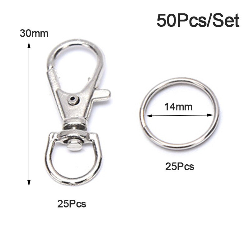 50-Piece Silver Plated Lobster Claw Clasp Set With 1.5" Key Rings For Jewelry Making