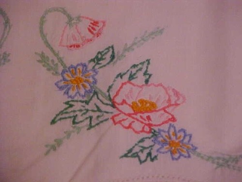 Vintage Embroidered Pillowcases w/ Pink & Blue Flowers, Pink Crochet Trim - Picture 2 of 5