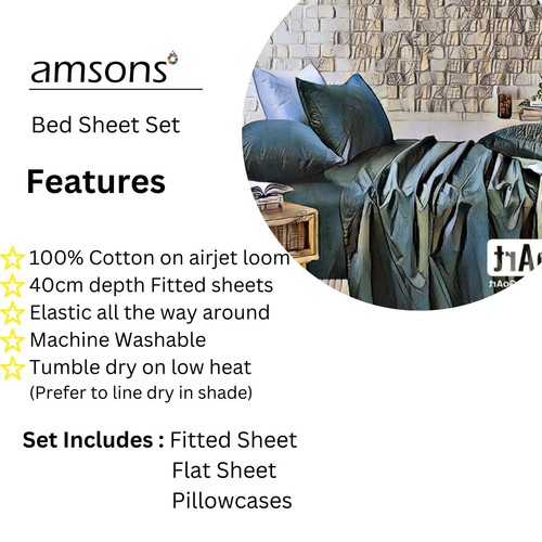 Bed Sheets Set Single Double King Queen King Single Super King Fitted Flat Sheet - Picture 8 of 34