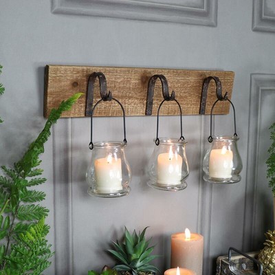 Rustic wall mounted hook glass jar lantern tealight candle ... on Wall Mounted Candle Holder id=68851
