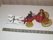 Vintage Cast Iron Horse Drawn Water Pumper Fire Wagon w/ 2 Horses Nice