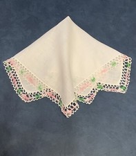 Vintage Cotton Handkerchief Hankie, Doily, Pink White Green Crocheted Lace Edge