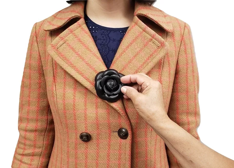 M&S Schmalberg 2.75" Black Camellia Brooch Pin - Genuine Leather Fabric - Image 3 of 4