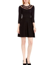 Vince Camuto Women's Fit & Flare Solid Black Dress Lace 3/4 Sleeve Size Small