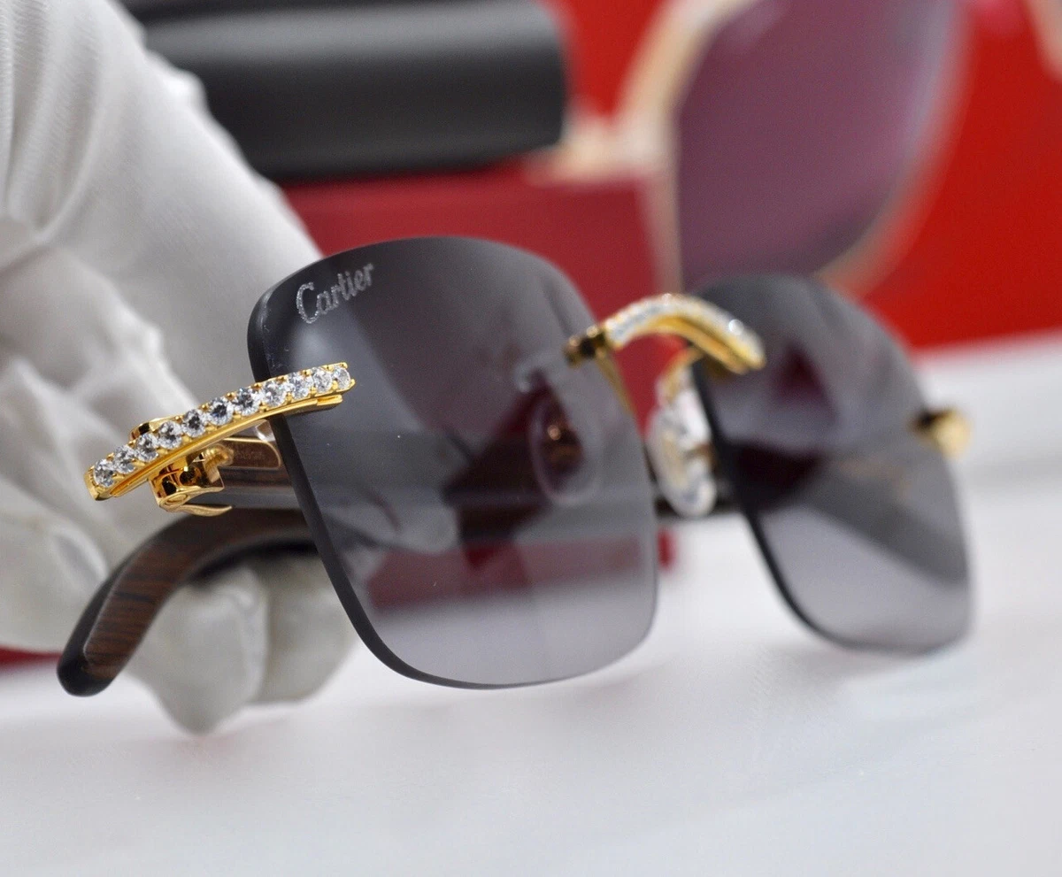 Cartier sunglasses C decor Diamonds CUSTOM RIMLESS Gold Frame Ibiza wood Glasses