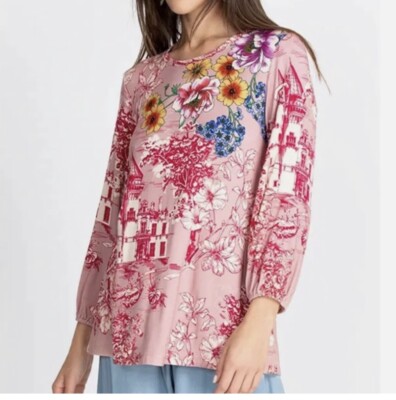 Johnny Was House on the Hill Tee Shirt $155 Puff Sleeves Small 
