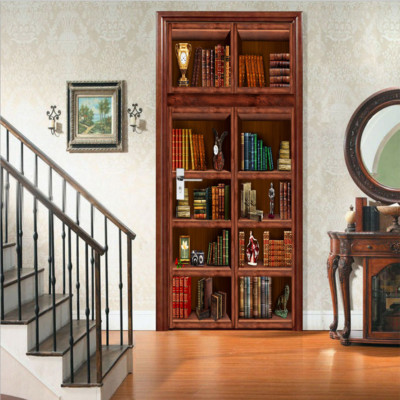 3D Wall Art Retro Bookshelf Door Sticker Decal Self-adhesive Wrap Mural