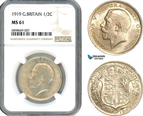 AK116, Great Britain, George V, 1/2 Crown 1919, London Mint, Silver, NGC MS61