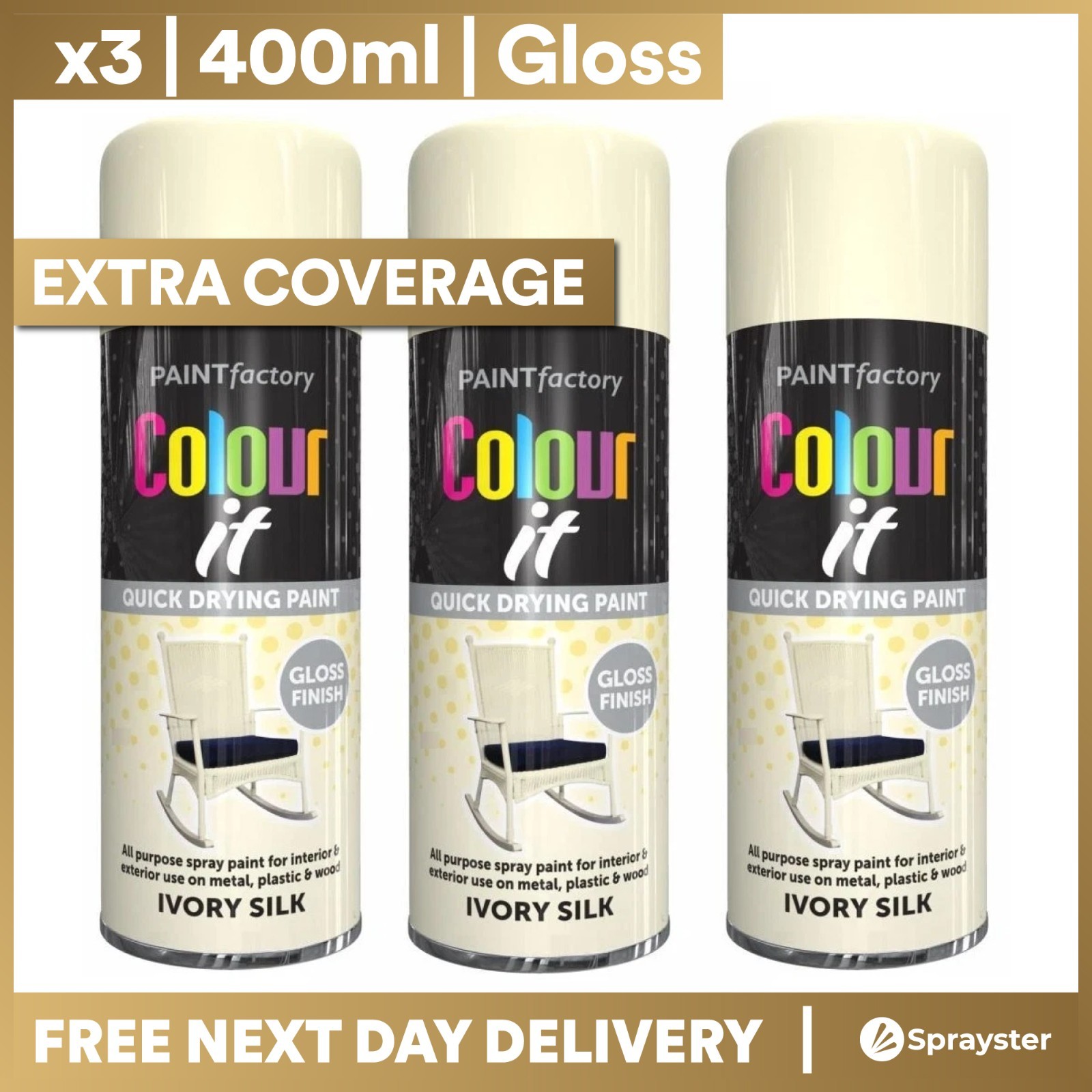 x3 Paint Factory Multi-Purpose Colour It Spray Paint 400ml Ivory Silk Gloss