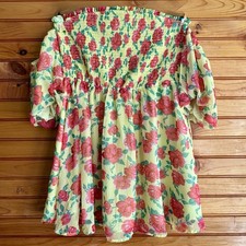 Betsey Johnson XL Floral Smocked Mini Dress Off Shoulder Puff Sleeve Babydoll