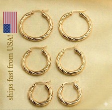 3 PAIRS Woman 18K Gold Plated Stainless Steel Twist Hoop Earrings Multiple Sizes