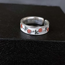 Enamel Tulip Flower Rings Women Silver Tone Adjustable Classic Modern Jewelry