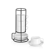 Set of 4, 2.5oz White Porcelain Stackable Espresso Cups, Saucers, Metal Stand