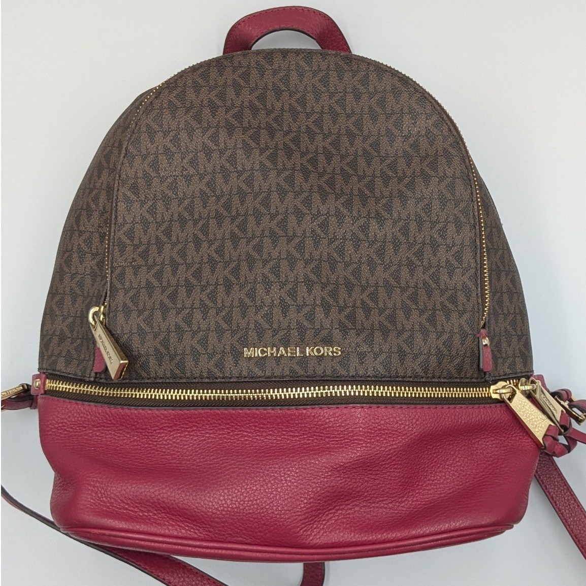 Michael Kors Rhea Backpack Signature Logo Cherry Red Leather 