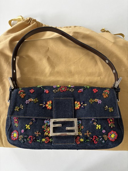 FENDI Baguette Flower Beaded Navy Denim Shoulder Bag