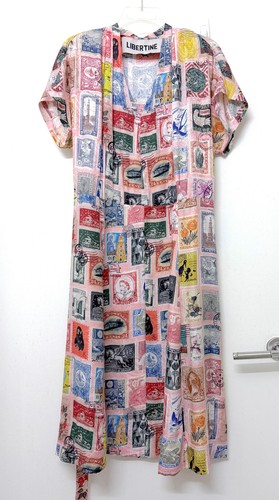Libertine Sending Our Love Stamp Print Tuck Pleat V Neck Dress Pink Silk XXL