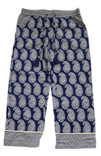 Blue White Paisley Boho Chic Elastic Waist Pants Artistic Vibe Trousers Size M