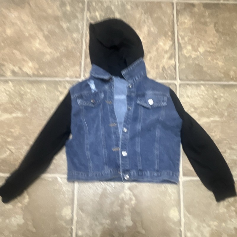 Girls' Denim and Black Hooded Cropped Jacket, Size 12Y, Button Closure