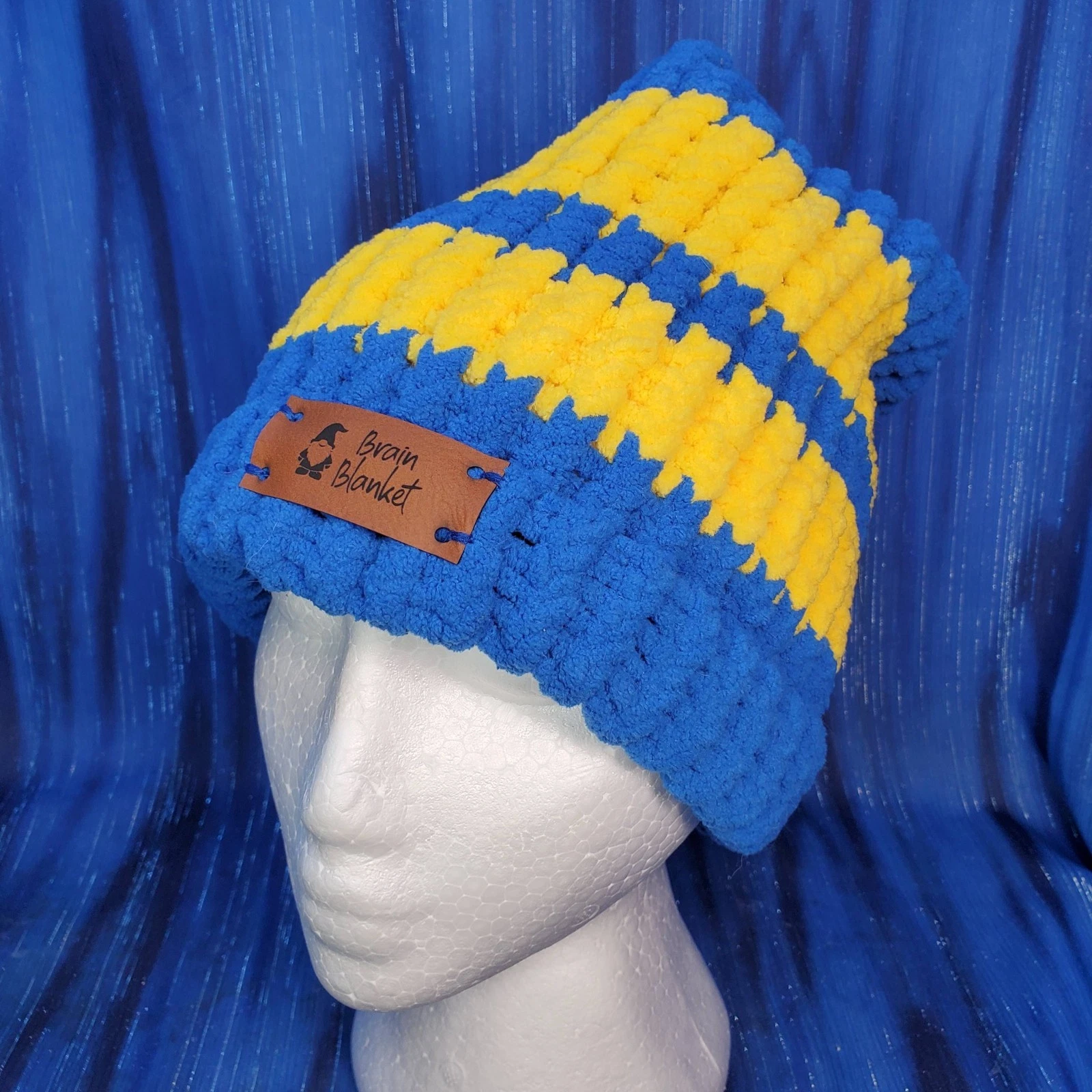 Blue and Gold Snug and Soft Beanie 9" Wonderfully Warm Handmade