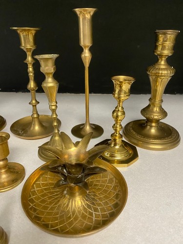 Set of 9 Varied Brass Candlesticks w/Brass Snuffer