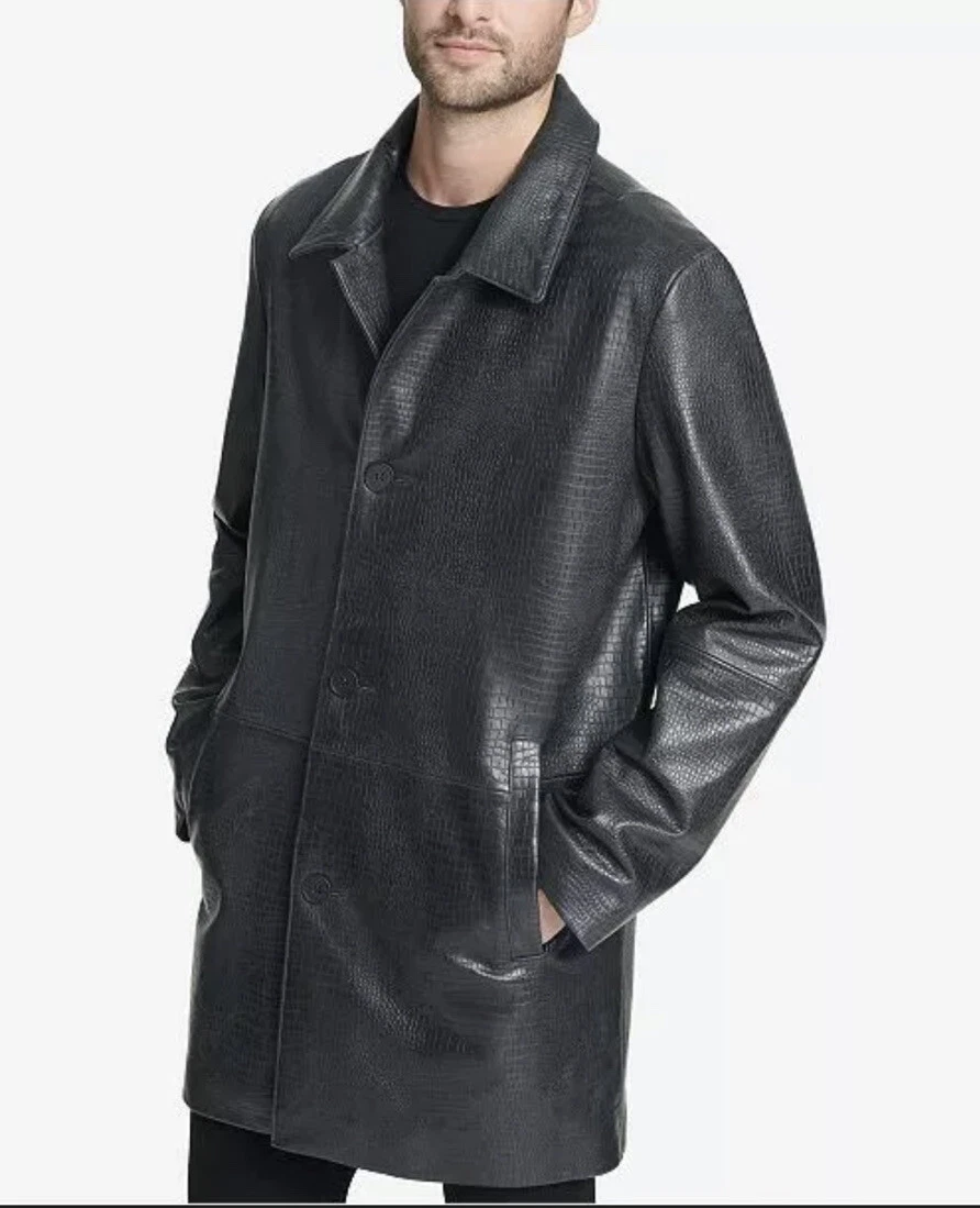 695 DKNY Designer Dark Gray Black Croc Genuine Leather Overcoat Jacket Size L