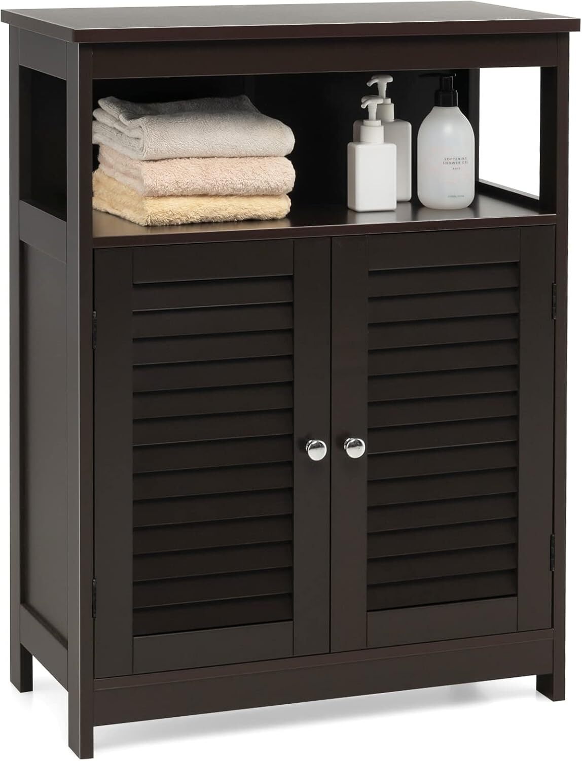 Bathroom Floor Cabinet, Wooden Freestanding Storage Cabinet with Double Shutter