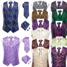 Mens Waistcoat Paisley Floral Jacquard Vintage Vest Suit Tie Set Wedding