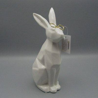 WHITE CERAMIC BUNNY RABBIT WITH GLASSES FIGURINE EASTER DÉCOR NEW