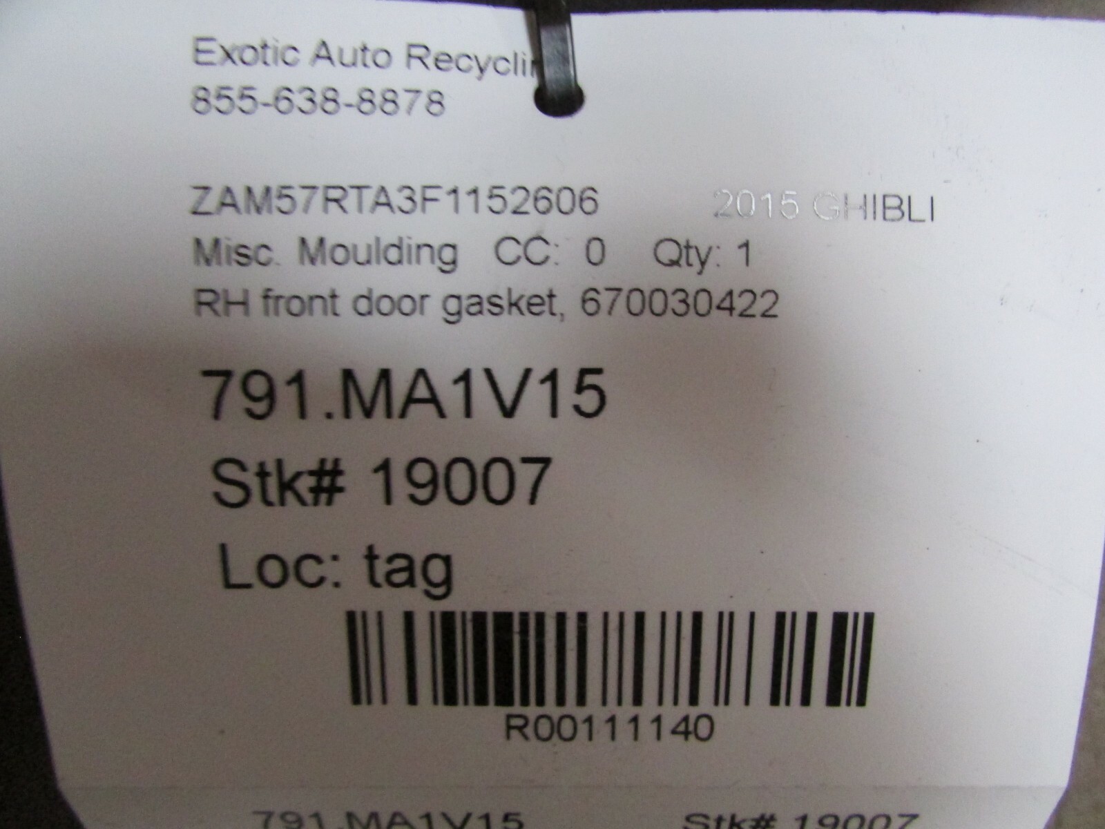 Maserati Ghibli, RH, Right Front Door Gasket, Used, P/N 670108175