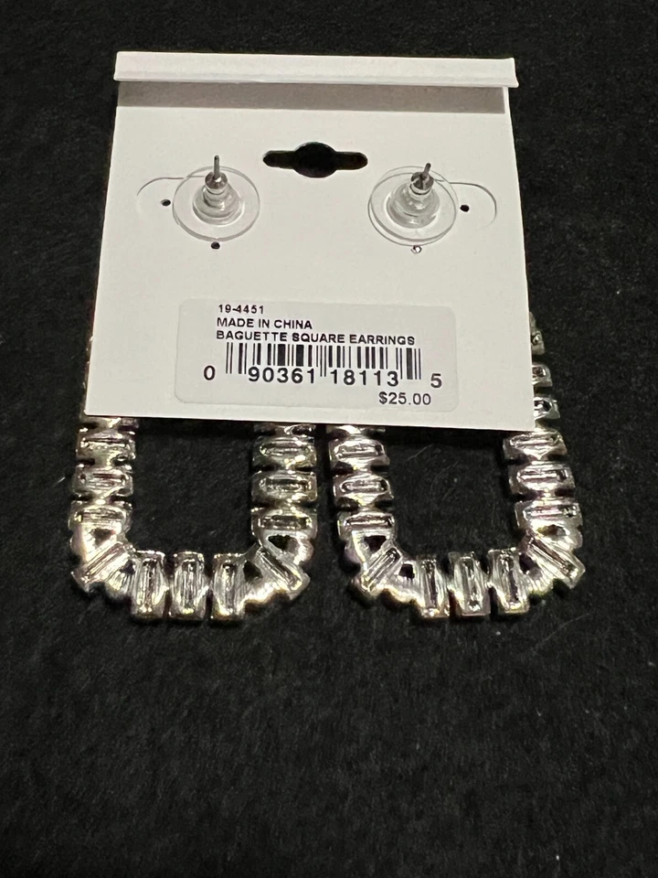 NEW GUESS SILVER TONE "O" SHAPED CRYSTALS BAGUTTE EARRINGS 2.3x1.3 MSRP $25 - Image 4 of 4