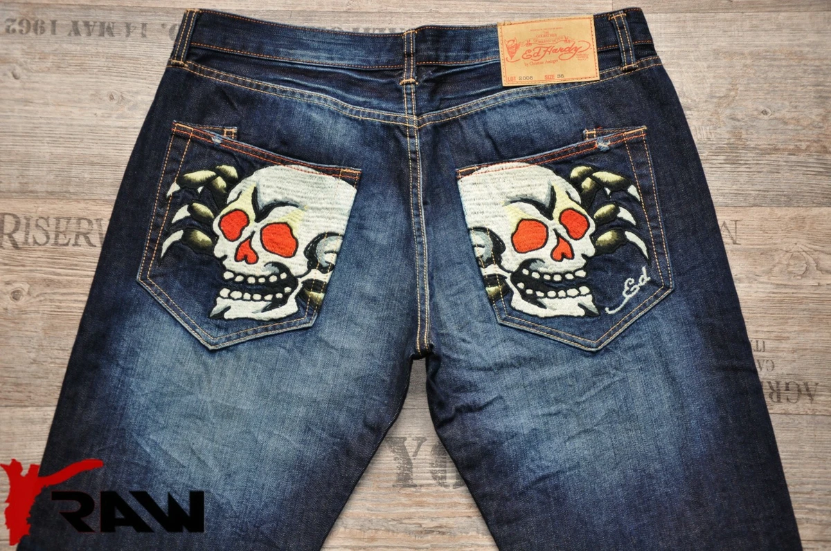 ED HARDY TAMMY 36 L34 SPIDER SKULL STRAIGHT LEG MAN MENS JEANS BLUE NEW BNWT
