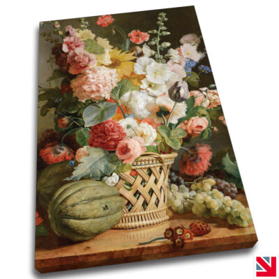 ANTOINE BERJON OBST UND BLUMEN IM WEIDENKORB LEINWANDBILD Wandbild Bild Druck