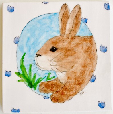 Easter Bunny ITALY Vintage 80s Pottery Tile SIGNED Trivet CUTE Gift Tulip Flower