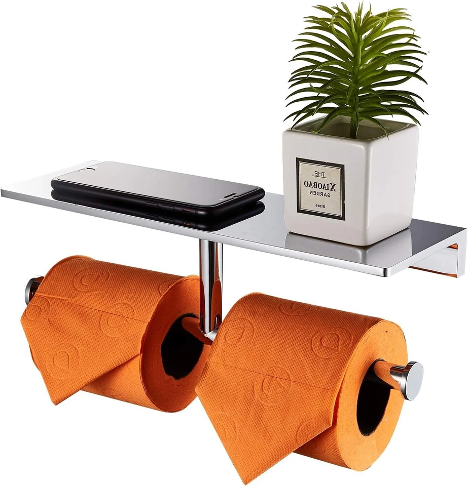 Soporte de papel higiénico doble de latón con estante - Estilo hotelero premium - 11,81 Foto 4 de 4