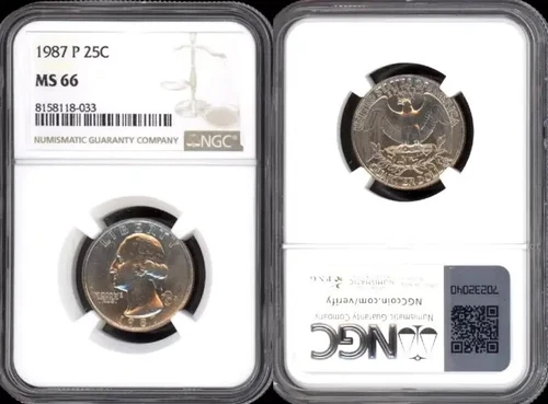 1987-P WASHINGTON QUARTER 25 CENT NGC MS 66 UNC BU DETAILED COIN #F