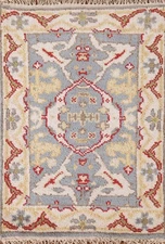 Gray Oushak Style Rug 2x3 Ft Hand-Knotted Transitional Geometric Wool Carpet