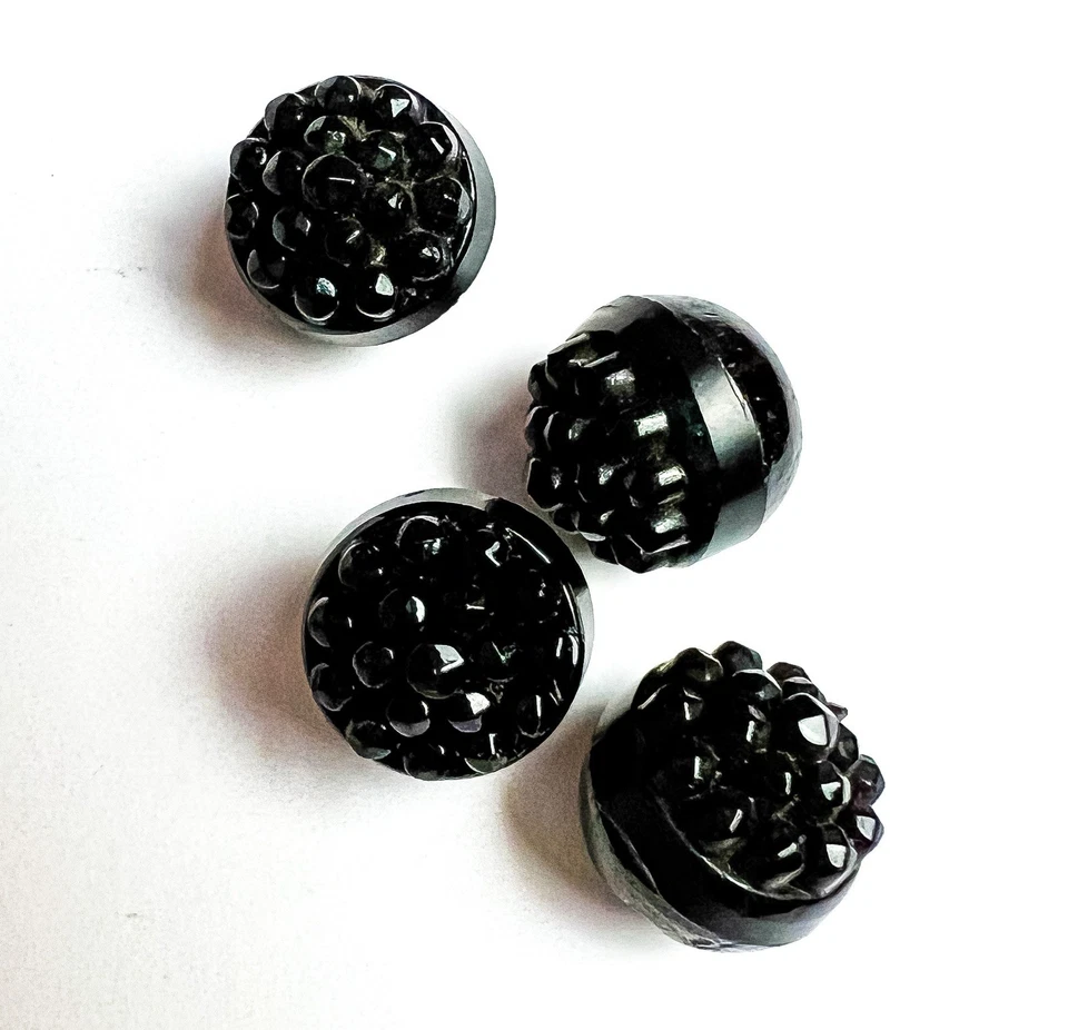 4 Antique Victorian Black Glass Ball Buttons Berry Top Metal Shank Dome Round - Image 2 of 4