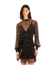 FARM RIO Black Embroidered Tulle Overlay Belted Long Sleeve Mini Dress