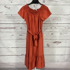 Tory Burch Silk Off Shoulder Midi Dress Smocked Neck Belted Womens Size XL