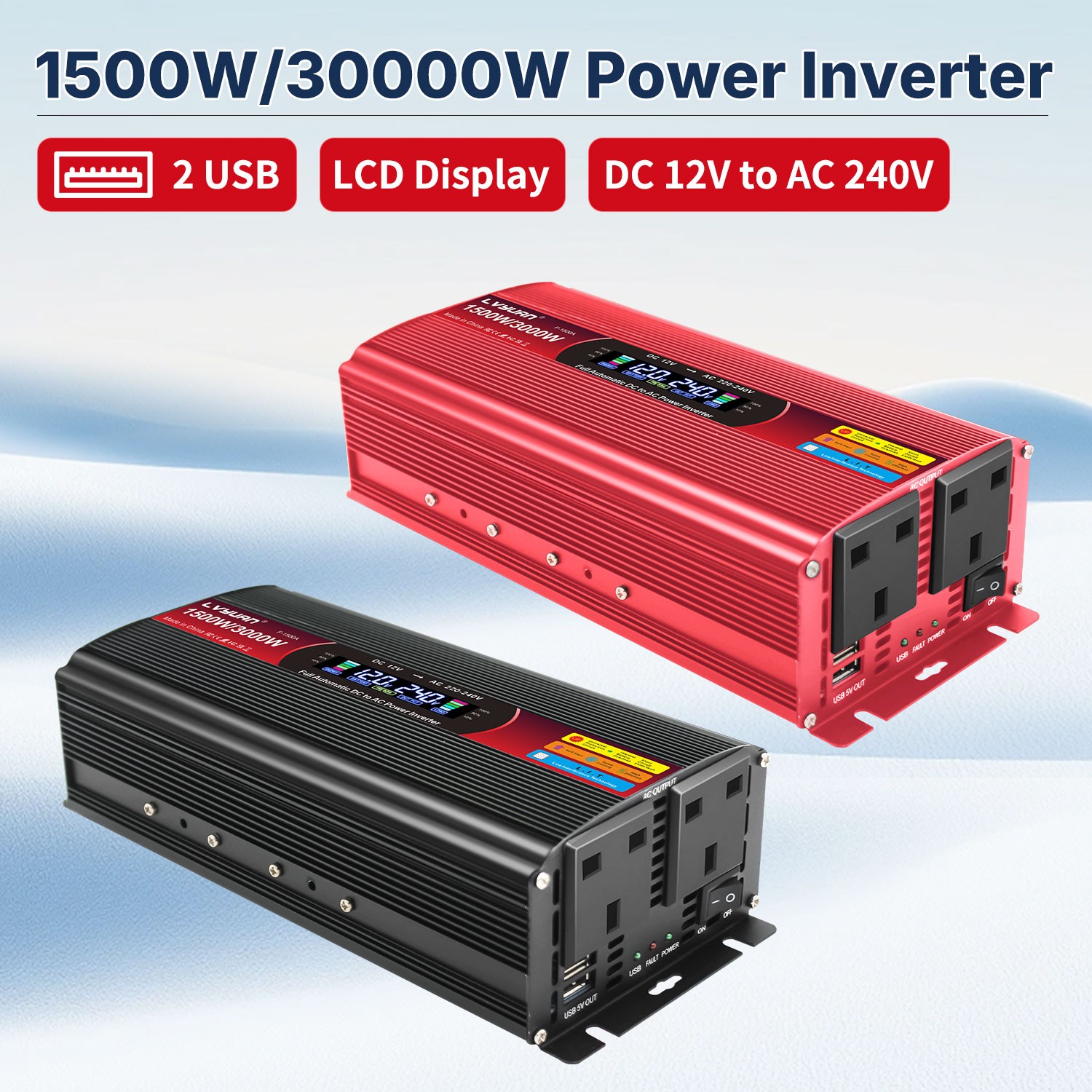 1500W 3000W Inversor de Potencia DC 12V a AC 240V Convertidor 2USB 2Sockets Pantalla LCD