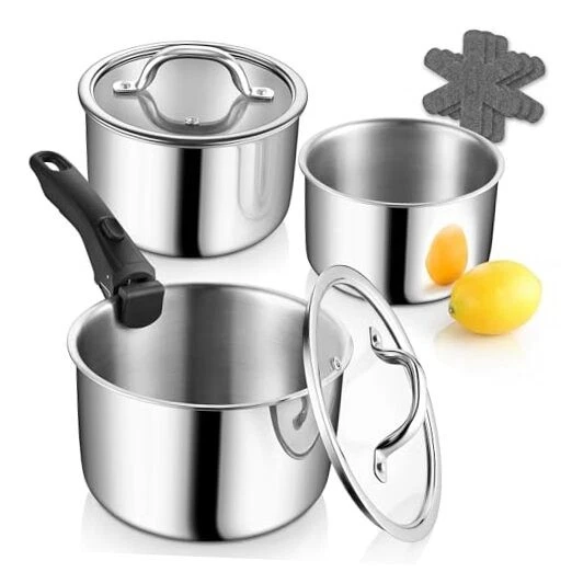 Tri-Ply Cooking Pots and Sauce Pans, 9Pcs Stainless Steel Cookware Set with