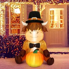 5FT Fall Inflatables Outdoor Thanksgiving Inflatables Highland Cow with Pumpkin