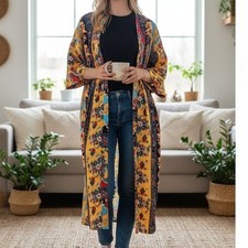 Roper Kimono Cardigan Womens S Yellow Floral Border Print Long Duster Open Front