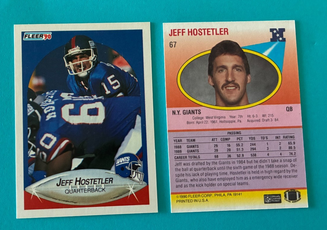 1990 Fleer #67 Jeff Hostetler Football Card New York Giants
