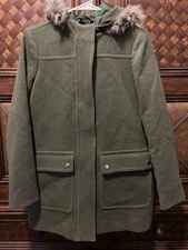 J CREW Women Sz 2 Wool Blend Vail Park Green Faux Fur Hooded Winter