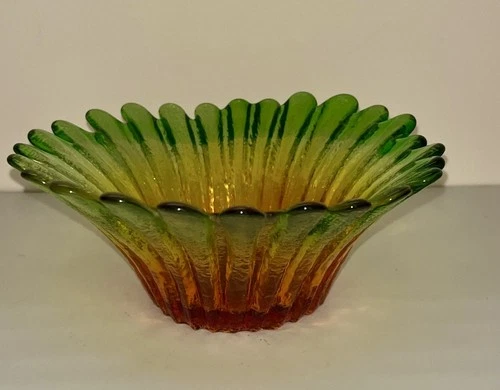 Vtg Blenko Glass Bowl Dish Ombre Burnt Orange Gold Green Daisy Sunflower   HTF
