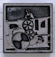 Letterpress Printing Block Man Working Large Gears Engineering Stamp Vtg Metal