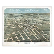 Brenham TX 1873 Bird’s Eye View 11x14 Vintage City Map Historic Wall Art