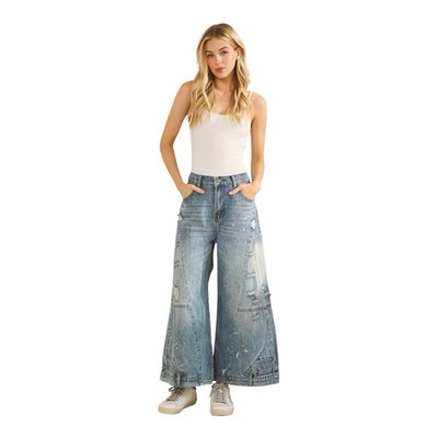 Women's Wide-Leg High Rise Distressed Patchwork Denim Jeans Blue