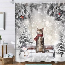 Winter Christmas Shower Curtain, Cute Cat Snowman Snowflake Holiday Scene Shower